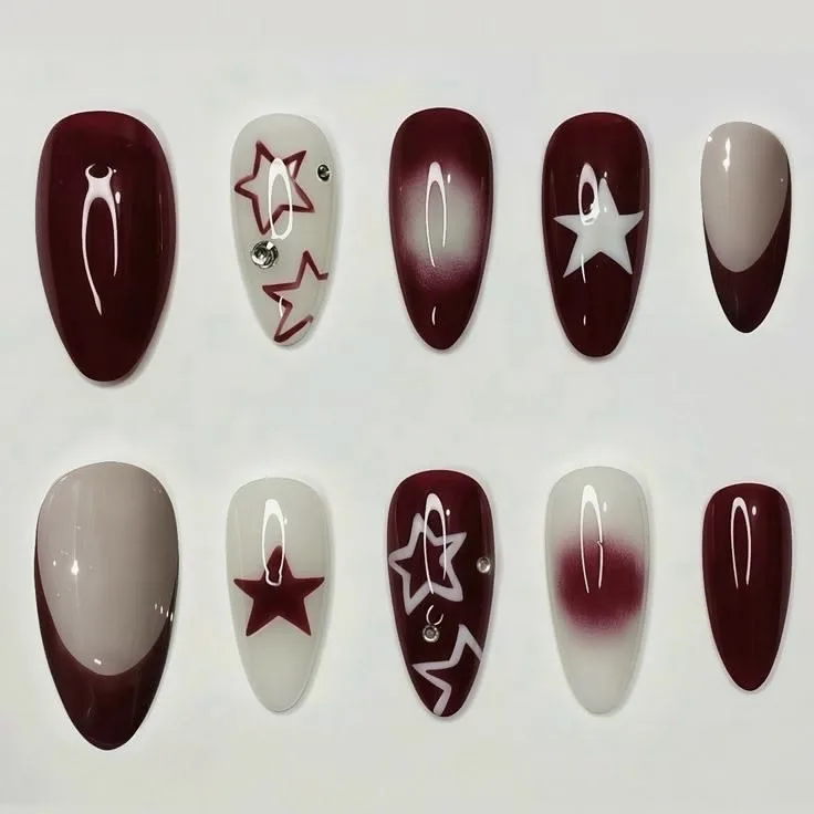 Maroon Ombre Star Press-On Nails Set