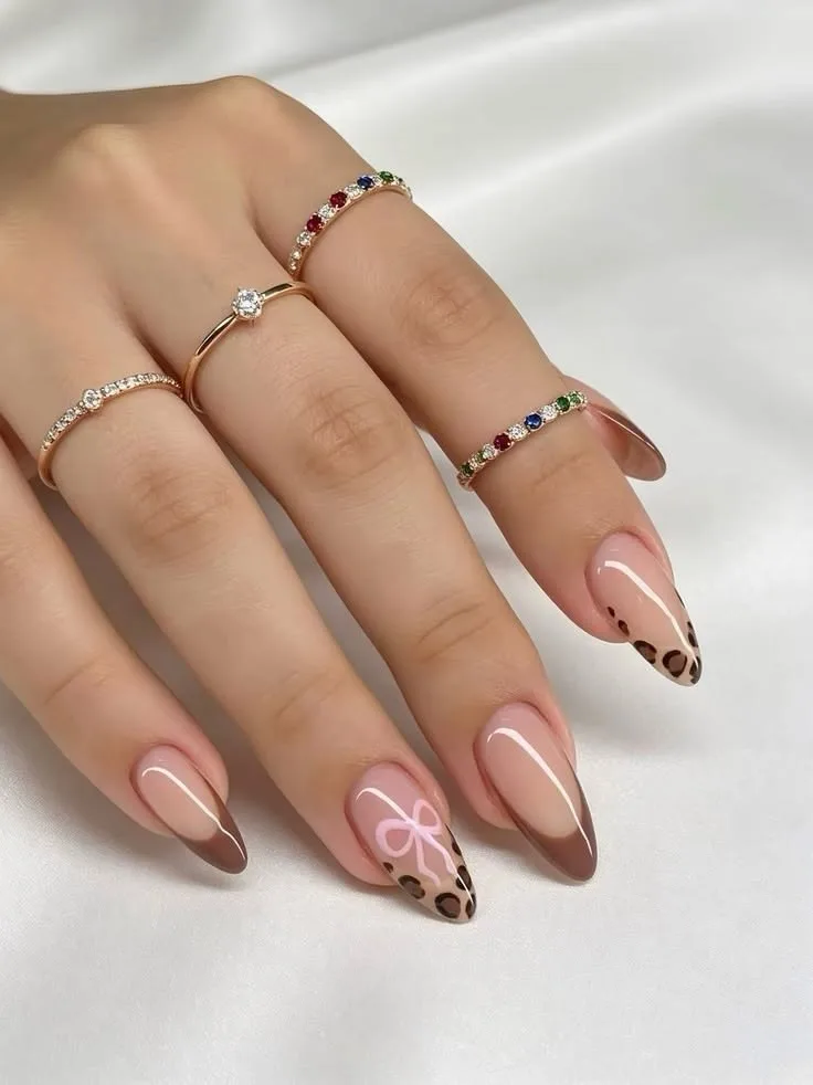 Leopard Print French Manicure with Bow