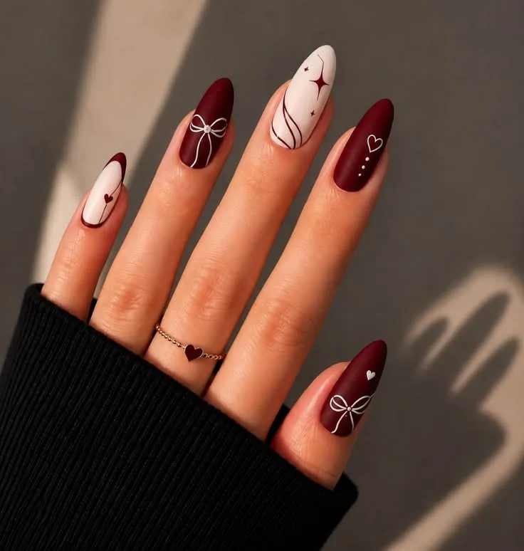 Burgundy Bow & Heart Nail Art