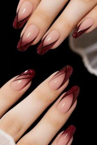 Burgundy Glitter Ombre French Tip Nails